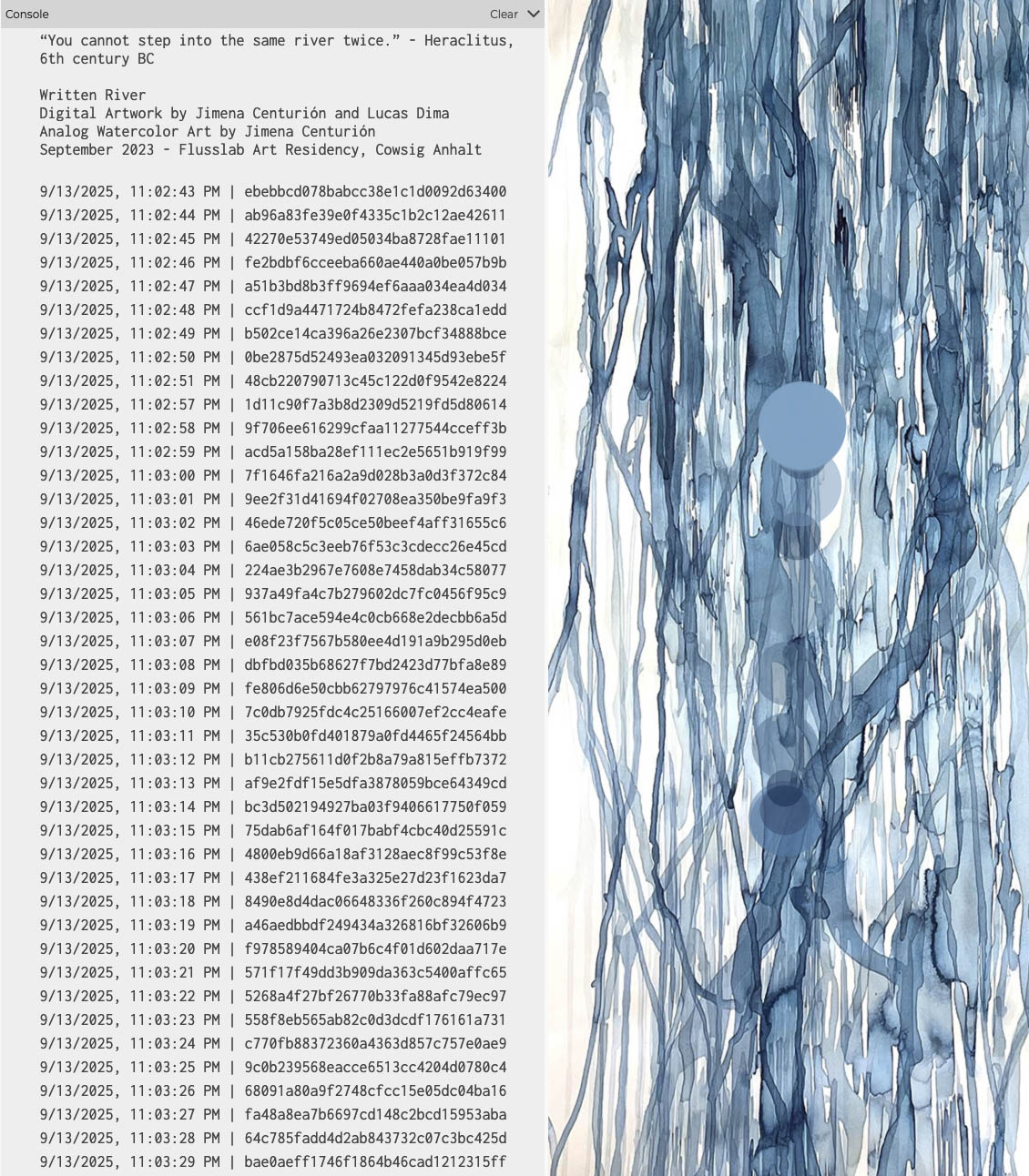 Interactive work Fluss / Written River: a watercolor river by Jimena Centurión, animated with sound and code by Lucas Dima.