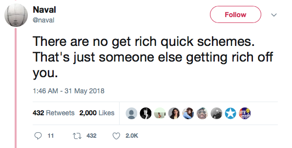 Naval's tweet about get rich quick schemes