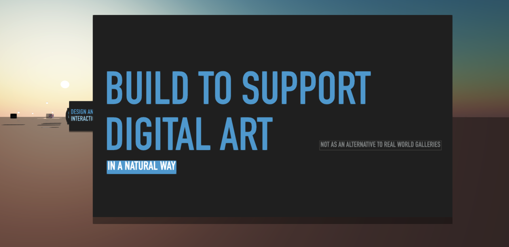 Presentation slides in 3D gallery with perpendicular camera view