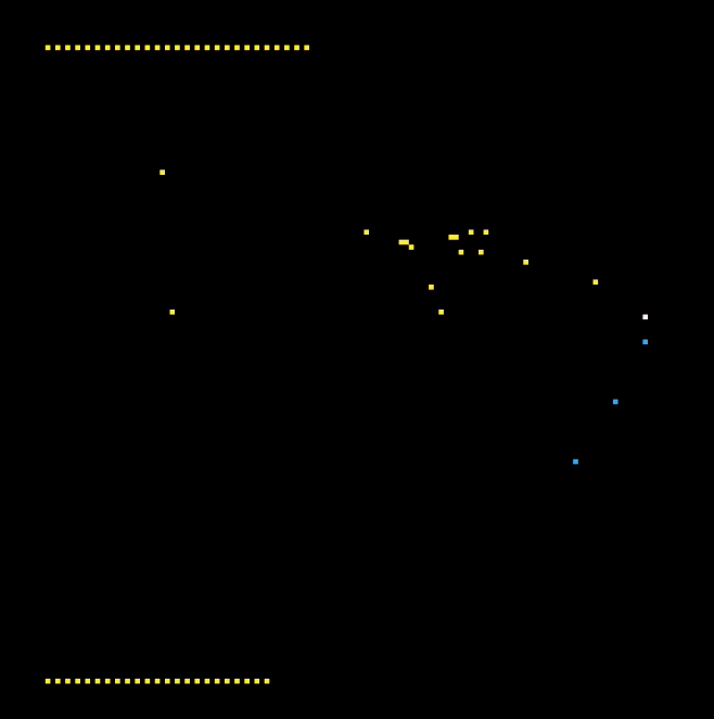 Pixel experimental game screen capture showing scattered pixels and minimalist controls